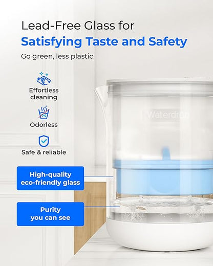 Waterdrop PT-72C-A Glass Alkaline Water Filter Pitcher, Eco-Friendly, Enhances