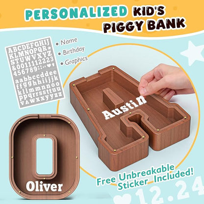 Summidate Wooden Letter Piggy Bank, Extra Thick Large Capacity Piggy Bank for Kids Boys Girls Toddler, Alphabet O Money Bank| Coin Box Birthday, Christmas, Festival