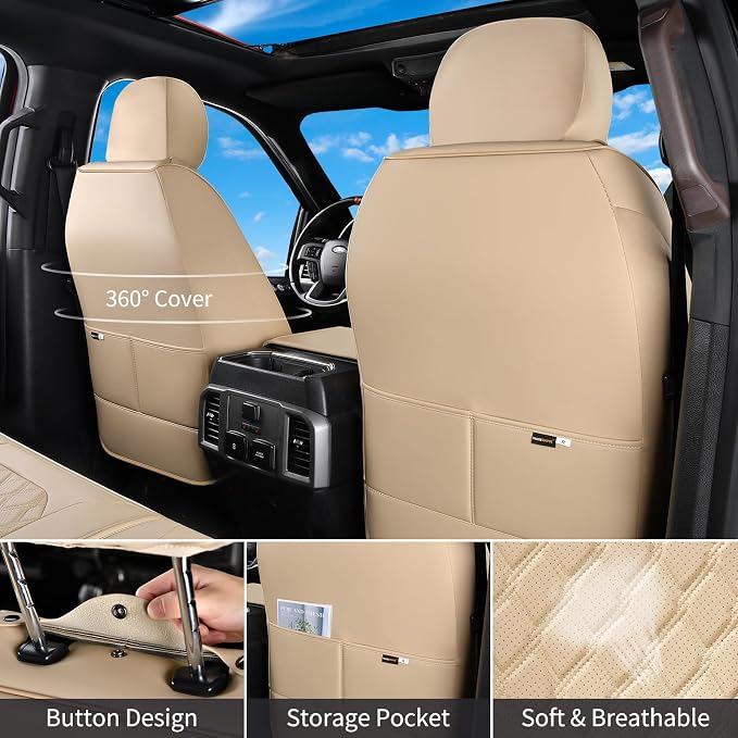 Huidasource F150 F250 F350 Front&Rear Leather Seat Covers Fit for 2015-2025 Ford F150 SuperCrew & 2017-2025 F250 F350 F450 Super Duty Crew Cab XL XLT Lariat King Ranch Platinum(Full Set/Beige)