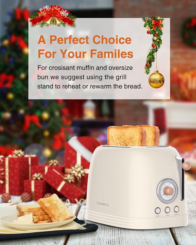 CROWNFUL 2-Slice Toaster, Extra Wide Slots Toaster, Retro Stainless Steel