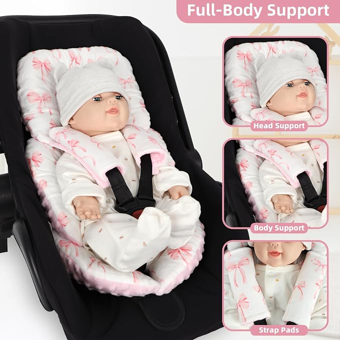 Infant Car Seat Insert Cushion, Baby Car Seat Head Body Support for Girls & Boys, Reversible Newborn Car Seat Insert with 2 Extra Strap Paddings, Premature Car Seat Cushion, Pink Bow