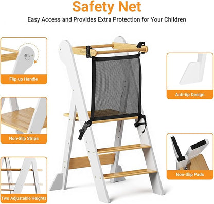 COSYLAND Foldable Toddler Kitchen Stool Helper - Height Adjustable Standing Tower for Bathroom Sink or Kitchen Counter - Step Stool for Toddlers Ages 18 Months to 6 Years White & Natural