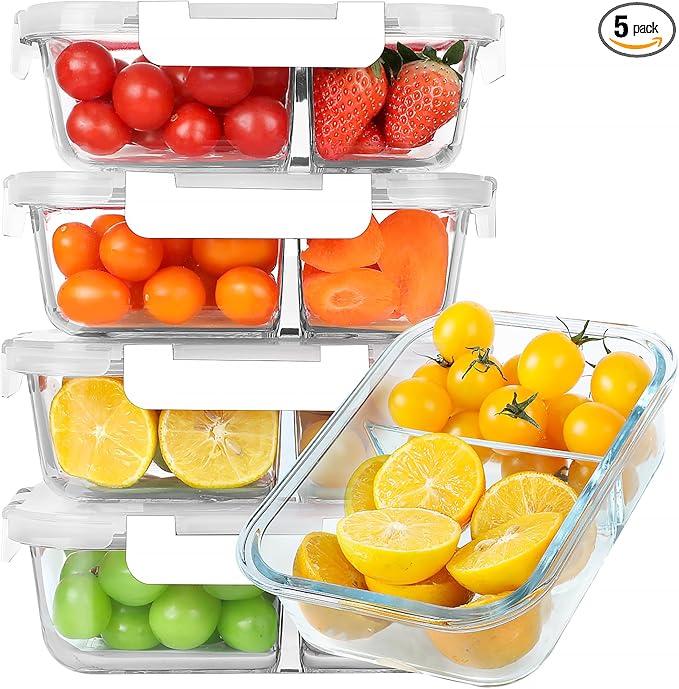 KOMUEE 30 oz 5 Pack Glass Meal Prep Containers 2 Compartments, Glass Food Storage Containers with Lids, Airtight Lunch Box, Microwave, Oven and Freezer Safe, White