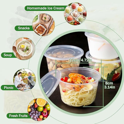 16 OZ [50 Set] Plastic Deli Food Storage Containers with Leak-Proof Airtight Lids BPA Free Disposable Togo Clear Containers for Soups, Heavy-Duty Ice Cream Microwave Dishwasher Freezer Safe