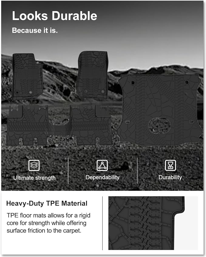 KIWI MASTER Floor Mats & Cargo Mat for 2015-2018 Jeep Wrangler JK 4 Door, OEM Replacement 82213860 82214404, All Weather Car Mats, Heavy Duty TPE Floor Liners, Front & Rear & Trunk Mat Set, Black