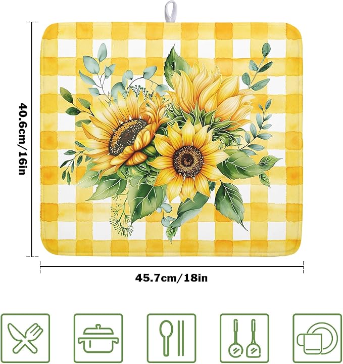 Spring Summer Dish Drying Mat 16x18 Inch Absorbent Reversible Sunflower Drying