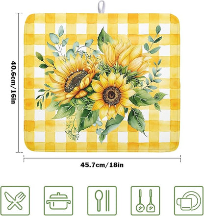 Spring Summer Dish Drying Mat 16x18 Inch Absorbent Reversible Sunflower Drying