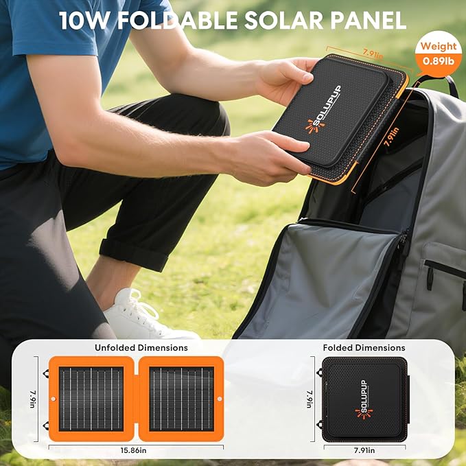Solar Panels 10W Portable Foldable Solar Charger with 5V USB-A and USB-C Fast Charging Compatible with iPhone, iPad, Samsung, Power Banks, IPX5 Waterproof Perfect for Camping, Hiking, Outdoor