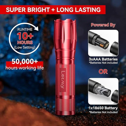 LETMY Tactical Flashlight - 2 Pack Bright Military Grade Flashlights High Lumens - Portable Handheld Flash Light, 5 Modes Zoomable Waterproof Flashlights for Home Emergency Camping- Red