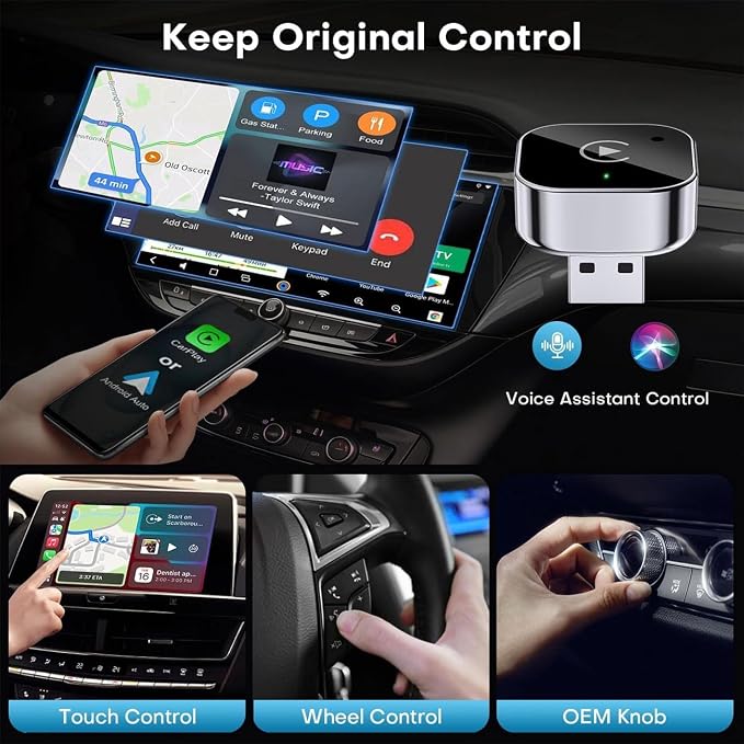 2 in 1 CarPlay Adapter for Rivian R1T R1S, CarPlay Wireless Adapter with Auto Reconnect Fast Pairing Bluetooth Connection Compact USB Dongle,A/Silver-Normal