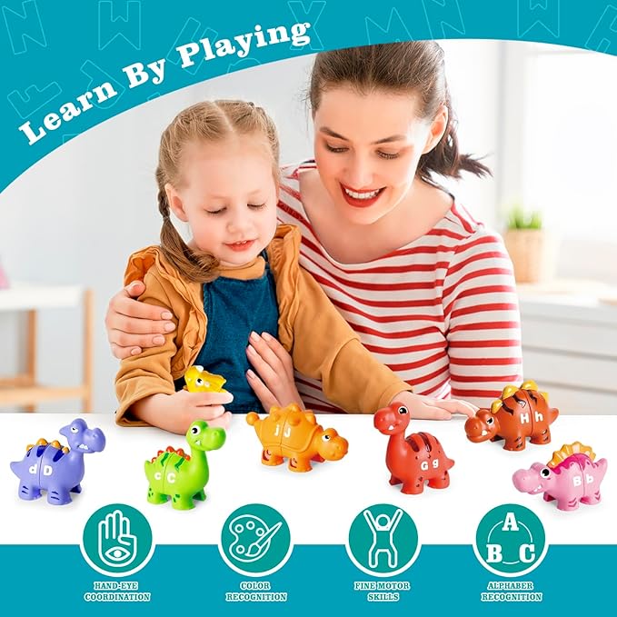 52 PCS Dinosaur Alphabet Learning Toys for Toddlers Kids 3-5, 10 Different Dinosaur Figures, Double Sided ABC Matching Game, Preschool Activities Montessori Fine Motor Toys for Toddlers Kids