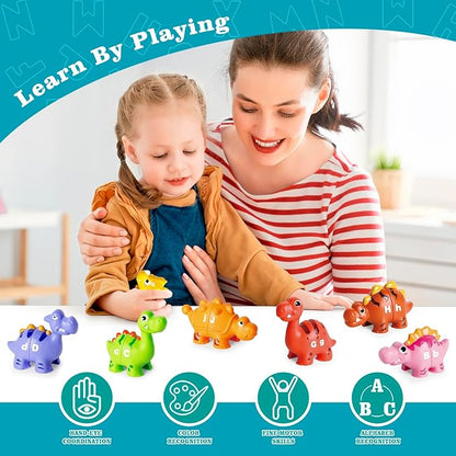 52 PCS Dinosaur Alphabet Learning Toys for Toddlers Kids 3-5, 10 Different Dinosaur Figures, Double Sided ABC Matching Game, Preschool Activities Montessori Fine Motor Toys for Toddlers Kids