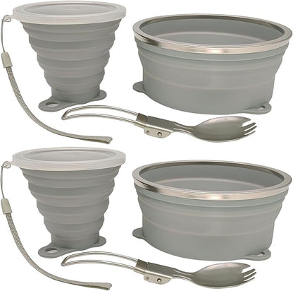 Mess Kit for Camping Silicone Collapsible Bowl Collapsible Cup and Stainless Steel Spoon for Backpacking Outdoor Hiking Traveling and Picnic - 2 Pack