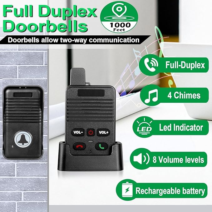 Wireless Door Bell, Full Duplex Long Range Wireless Doorbell, Waterproof 2 Way
