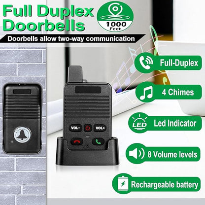Wireless Door Bell, Full Duplex Long Range Wireless Doorbell, Waterproof 2 Way
