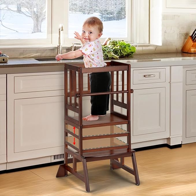 COSYLAND Toddler Standing Tower - Adjustable Height Toddler Kitchen Stool Helper - Kids Kitchen Step Stool for Learning with Removable Safety Railing Brown