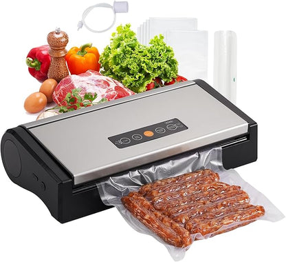 Vacuum Sealer Machine, 75kpa Rechargeable Full Automatic Food Sealer for Freshness Storage, Stainless Steel Portable Food Vacuum Sealers Machine with Pre-cut Bags, Air Hose for Outdoor Indoor