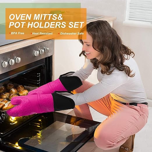 Silicone Oven Mitts and Pot Holders Set, MTZRFLL Extra Long Heat Resistant Oven