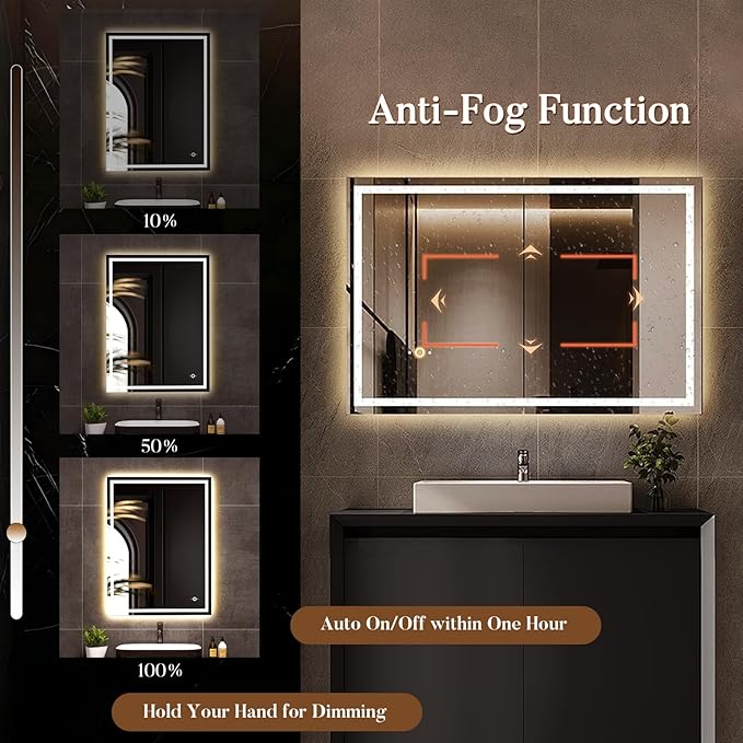 LED Bathroom Mirror with Lights, Hand Wave, Tempered Glass, Shatter-Proof