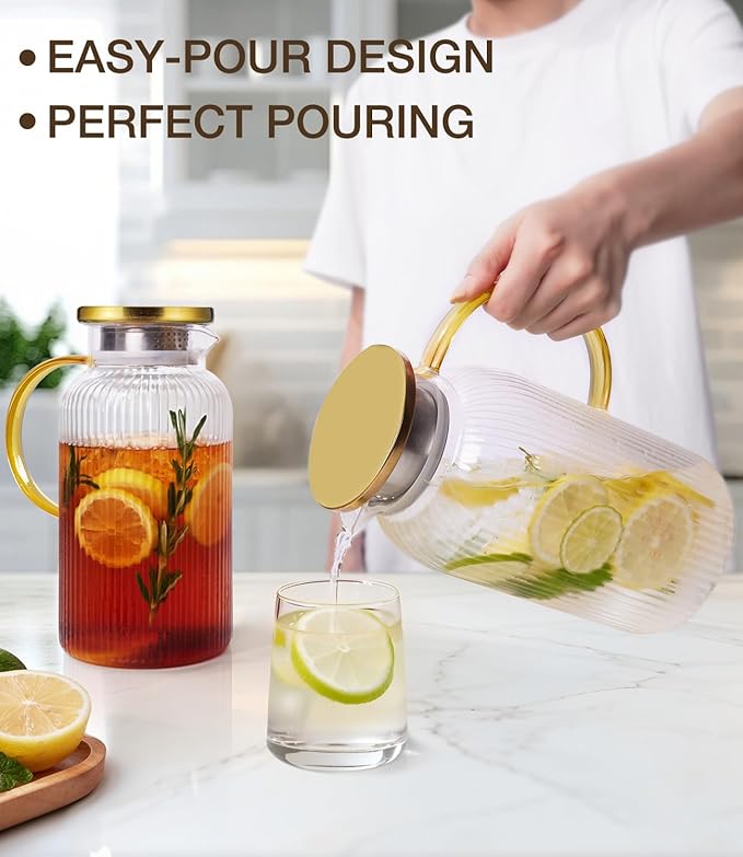 2 PACK Glass Pitcher with Lid 64 oz, Classic Vertical Stripes Pitcher with Lid