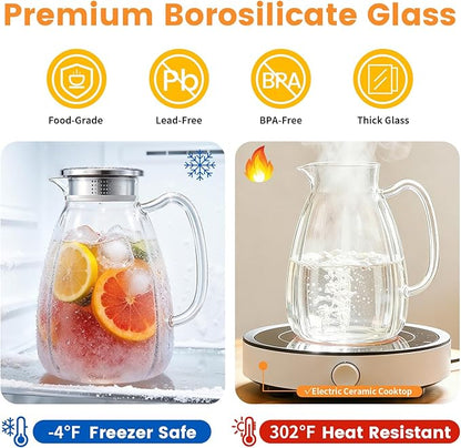 Glass Pitcher with Lid and Handle, 2.2L Borosilicate Glass Water Carafe