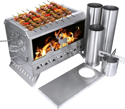 Outdoor Camping Tent Stove Portable Stainless Steel with Chimney Barbecue Net for Outdoor Cooking BBQ Heating & Fishing(Large)