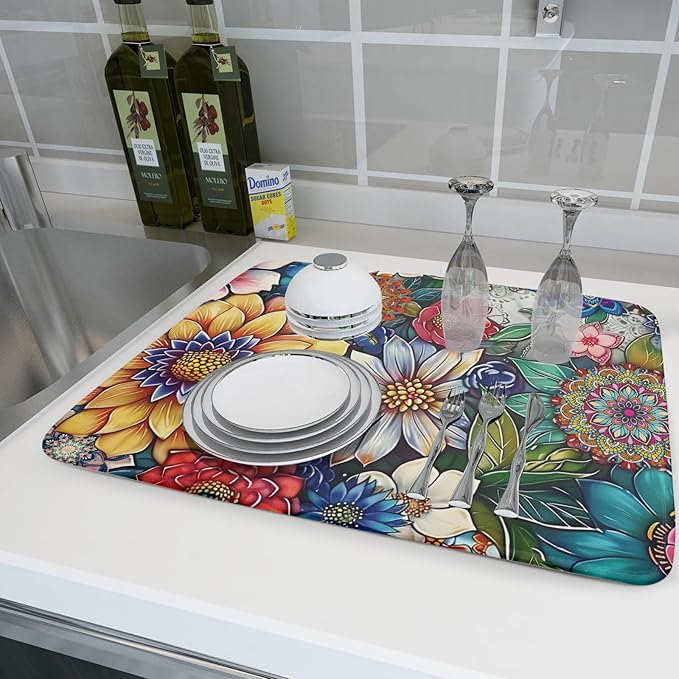 Boho Floral Dish Drying Mat for Kitchen Counter 18x24 Inch Super Absorbent