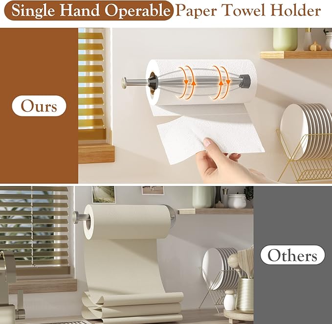 Paper Towel Holder Under Cabinet + Towel Robe Hooks, Single Hand Operable Under