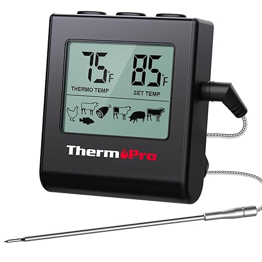 ThermoPro TP16H Large LCD Digital Meat Thermometer for Cooking, Smoking, Grilling, BBQ Food Thermometer with Clock Timer and Stainless Steel Probe, Black