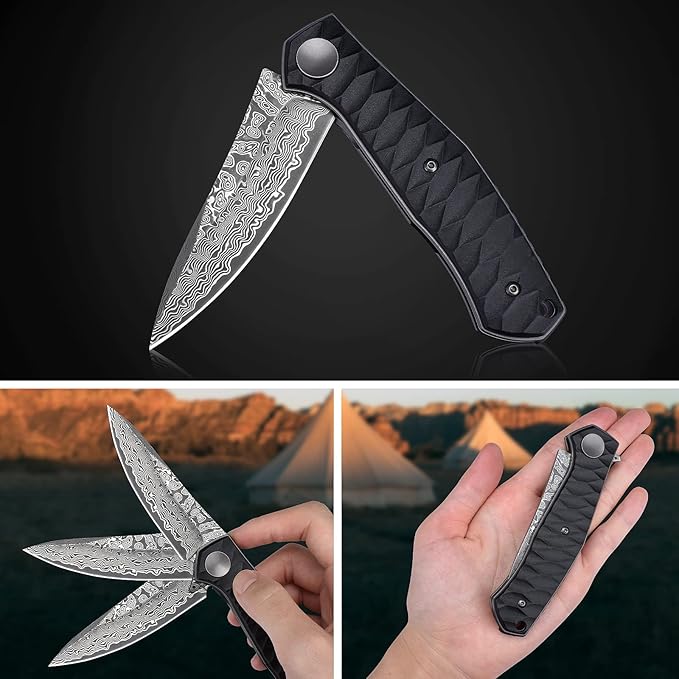 AUBEY Damascus Pocket Knife for Men with Clip EDC, 3.23" VG10 Core Damascus Steel Blade Folding Knife with Black Aluminum Handle, Sharp Camping Knife
