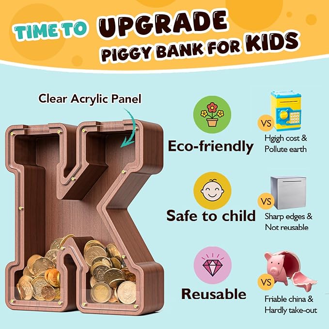 Summidate Wooden Letter Piggy Bank, Extra Thick Large Capacity Piggy Bank for Kids Boys Girls Toddler, Alphabet K Money Bank| Coin Box Birthday, Christmas, Festival