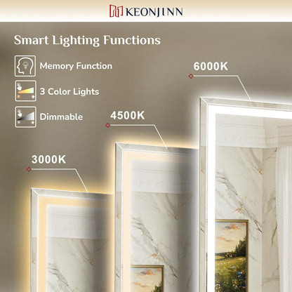 Keonjinn 30" x 36" Beveled LED Bathroom Mirror with Lights, Tempered Glass | Front and Backlight, Lighted Mirrors for Bathroom Wall, 3 Color Lights, Fast Defogging, Stepless Dimmable, Hardwired/Plug in