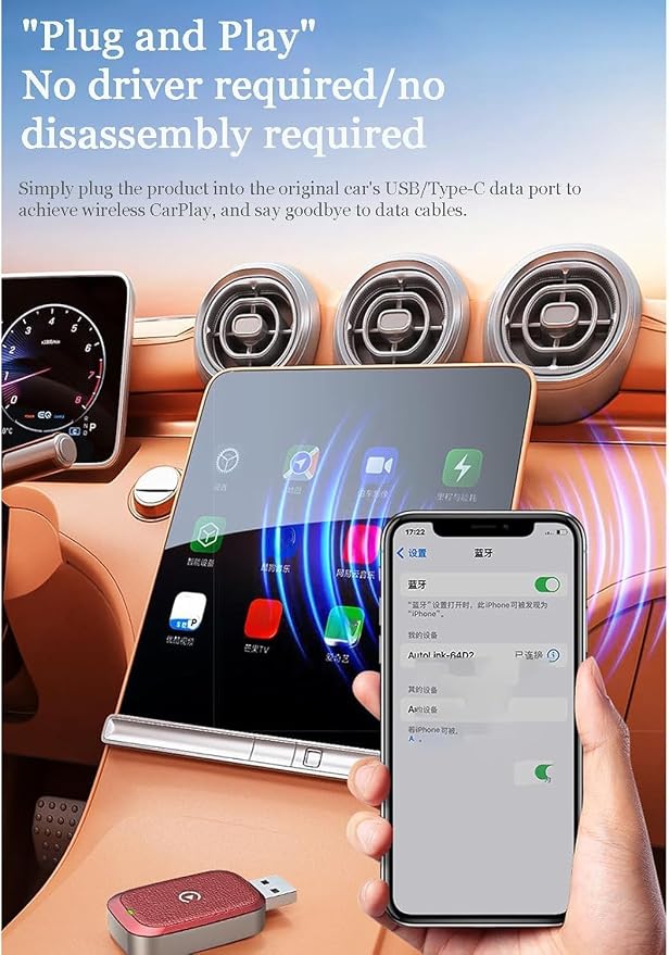 Wireless CarPlay Adapter 2-in-1 for Mitsubishi L200 Warrior/Barbarian/Design, USB Design Plug and Play Bluetooth Fast Connection Car Accessories,C-Red