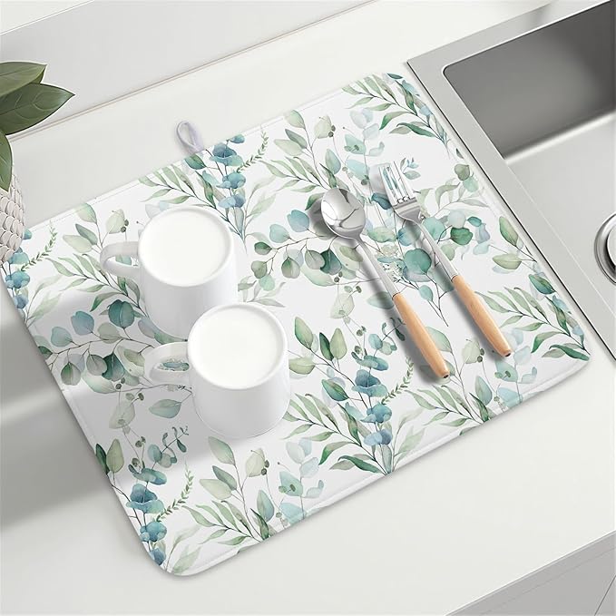 Watercolor Sage Leaves Dish Drying Mats