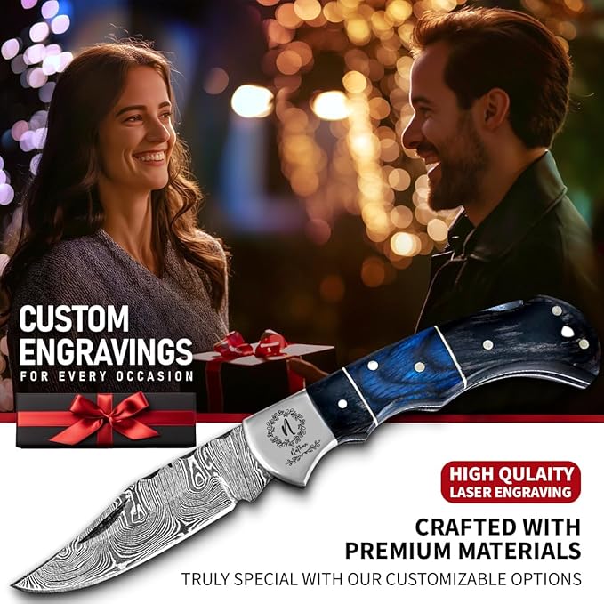 6.5' Personalized Engraved Damascus pocket knife for men Small folding knife for outdoor, camping, hiking, Customized Retirement Gifts for Husband Dad Boyfriend, Christmas