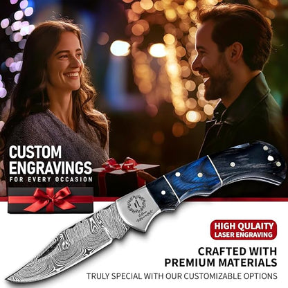 6.5' Personalized Engraved Damascus pocket knife for men Small folding knife for outdoor, camping, hiking, Customized Retirement Gifts for Husband Dad Boyfriend, Christmas