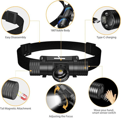 Headlamp Rechargeable, Super Bright Zoomable Headlamps, IPX6 Waterproof, 6 Modes Head lamp LED Rechargeable, Long Running Time Headlight, Hiking, Camping, Outdoors, Work, Family Safety (T11B)