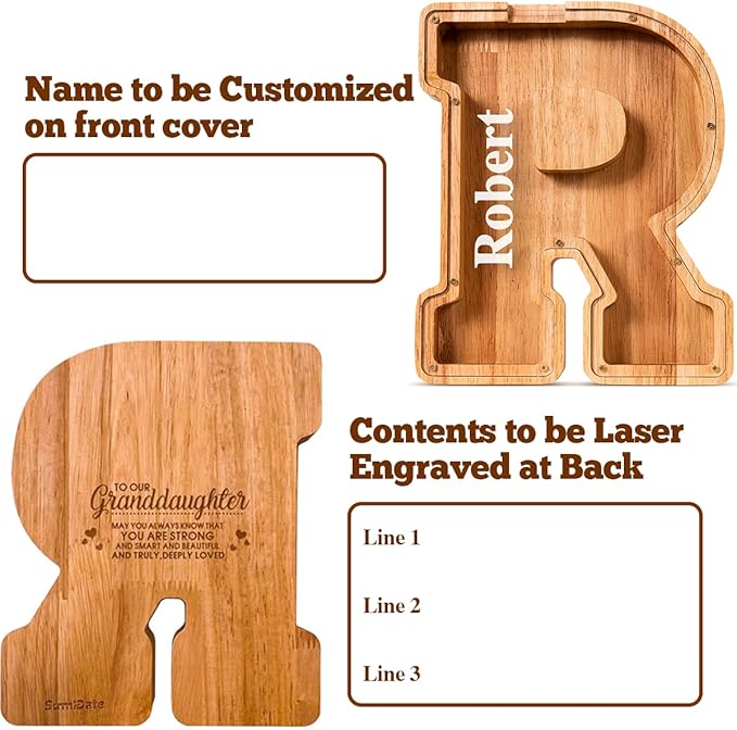 Summidate Customized Name Large Wooden Piggy Bank for Kids Boys Girls Alphabets Letter A-Z Coins Bills Money Change Bank Box Initial on Clear Cover (Laser Engraved) (Alphabet-R, Personalized-9")