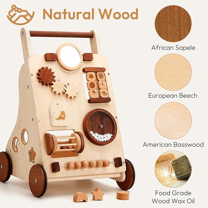 Woodtoe Wooden Baby Walker, Adjustable Speed Push Walker, Montessori Walker for Boys and Girls, Baby Activity Center, Sit to Stand, Toddler Push Toys for Babies 9-12 Months, 1 2 3 Year Old