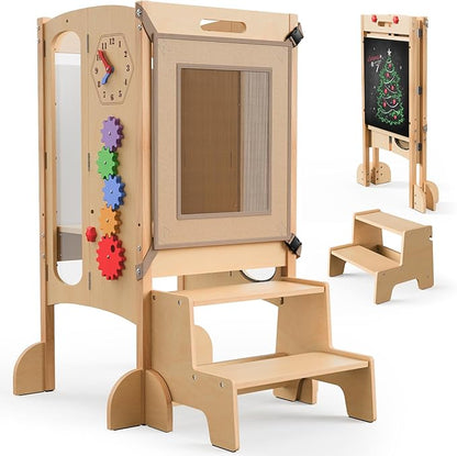 Toddler Tower Foldable Toddler Kitchen Stool Helper with 2 Step Stool, Safety Net, Adjustable Height, Chalk-Whiteboard& Montessori Activity