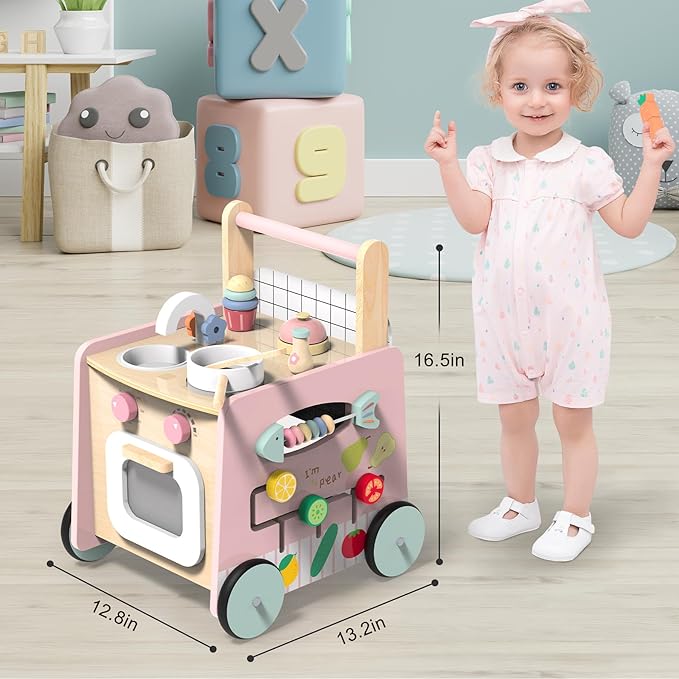 Wooden Baby Walker 9-in-1 Activity Center with Toddlers Montessori Sensory Toys and Play Kitchen Push Walker for Kids with Wheels and Storage Space, Ideal Gift for Girls Boys Ages 6-36 Month