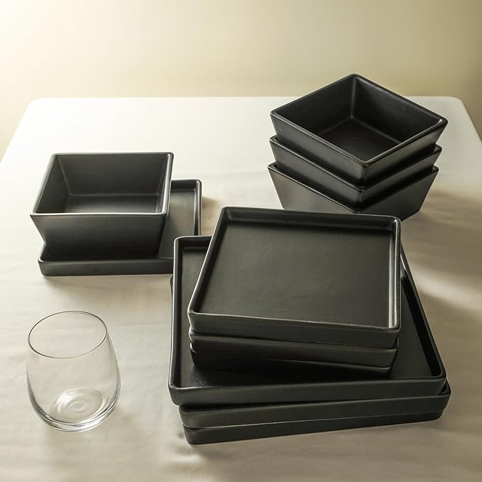 Stone Lain 24 Pieces Stoneware Square Dinnerware Set, Black Matte