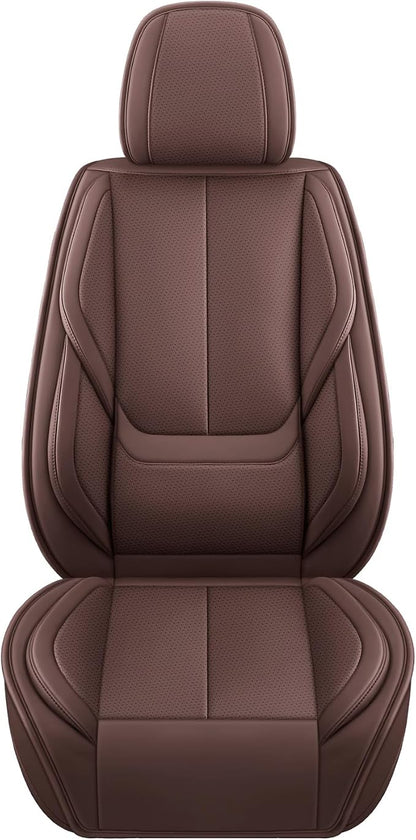MINGBRON Car Seat Covers Full Set, Car Seat Cover Lumbar Support, Car Seat Protector Waterproof, Nappa Leather Car Seat Cushion, Front Seats and Back Fit for Most Cars Brown