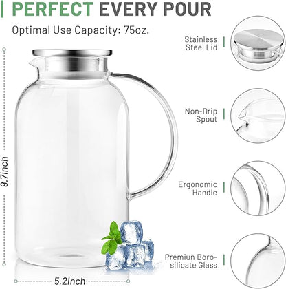 SUSTEAS 2.2 Liter 75oz Glass Pitcher