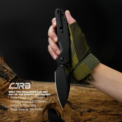 CJRB Frack Pocket Knife, 3.9" AR-RPM9 Steel Blade PVD Coating Steel Handle EDC Knife, Button Lock Knife for Tactical Outdoor Camping Gift, Black (J1931)