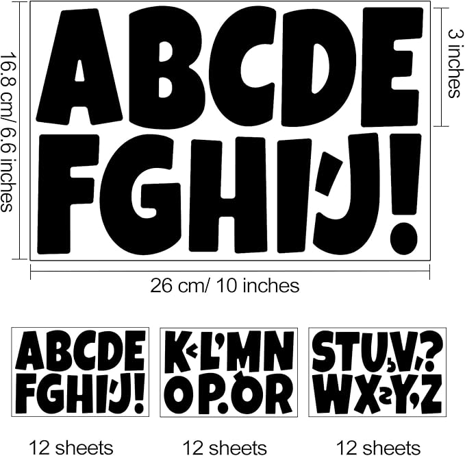 Bemeol Letter Stickers 432 Pieces 36 Sheets Bulletin Board Letters 3 Inch Classroom Alphabet Poster Board Letter for Bulletin Board Display School Decor(Black)