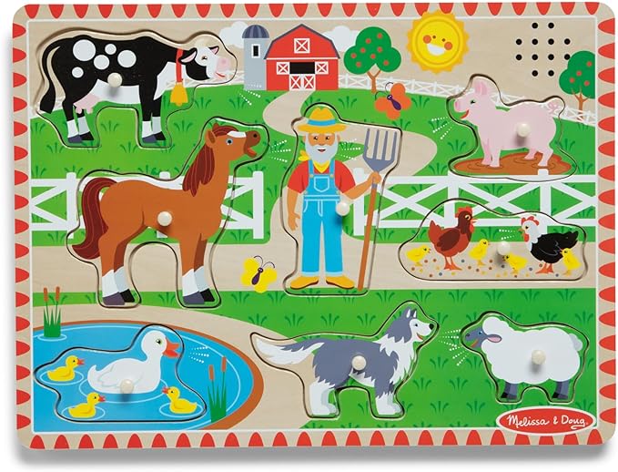Melissa & Doug Old MacDonald's Farm Song Puzzle – 8-Piece Wooden Peg Puzzle with Light-Activated Sounds, Music Learning Toy for Toddlers and Preschoolers Ages 2+