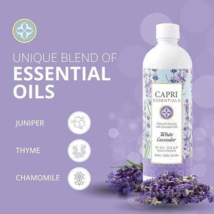 CAPRI ESSENTIALS Dish Soap Liquid, Natural Household Cleaning, Plant Based Aromatic Dish Detergent, Blend of Essential Oils with Juniper & Chamomile, White Lavender, 16 FL Oz (2 Pack)