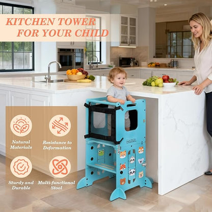 Toddler Kitchen Stool Helper, CPC Certified Foldable Toddler Tower, Learning Wooden Tower with Support Feet and Chalkboard, Anti-Drop Structure, Safe Design for Kids, Blue