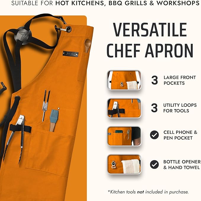 Asaya Chef and BBQ Apron with Bottle Opener and Hand Towel - 10oz Cotton Canvas